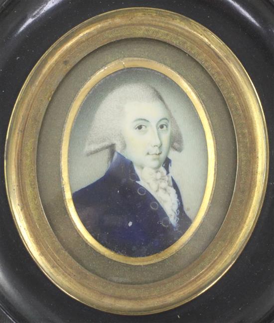 18th century English School Miniature of a gentleman wearing a blue coat 1.75 x 1.25in.